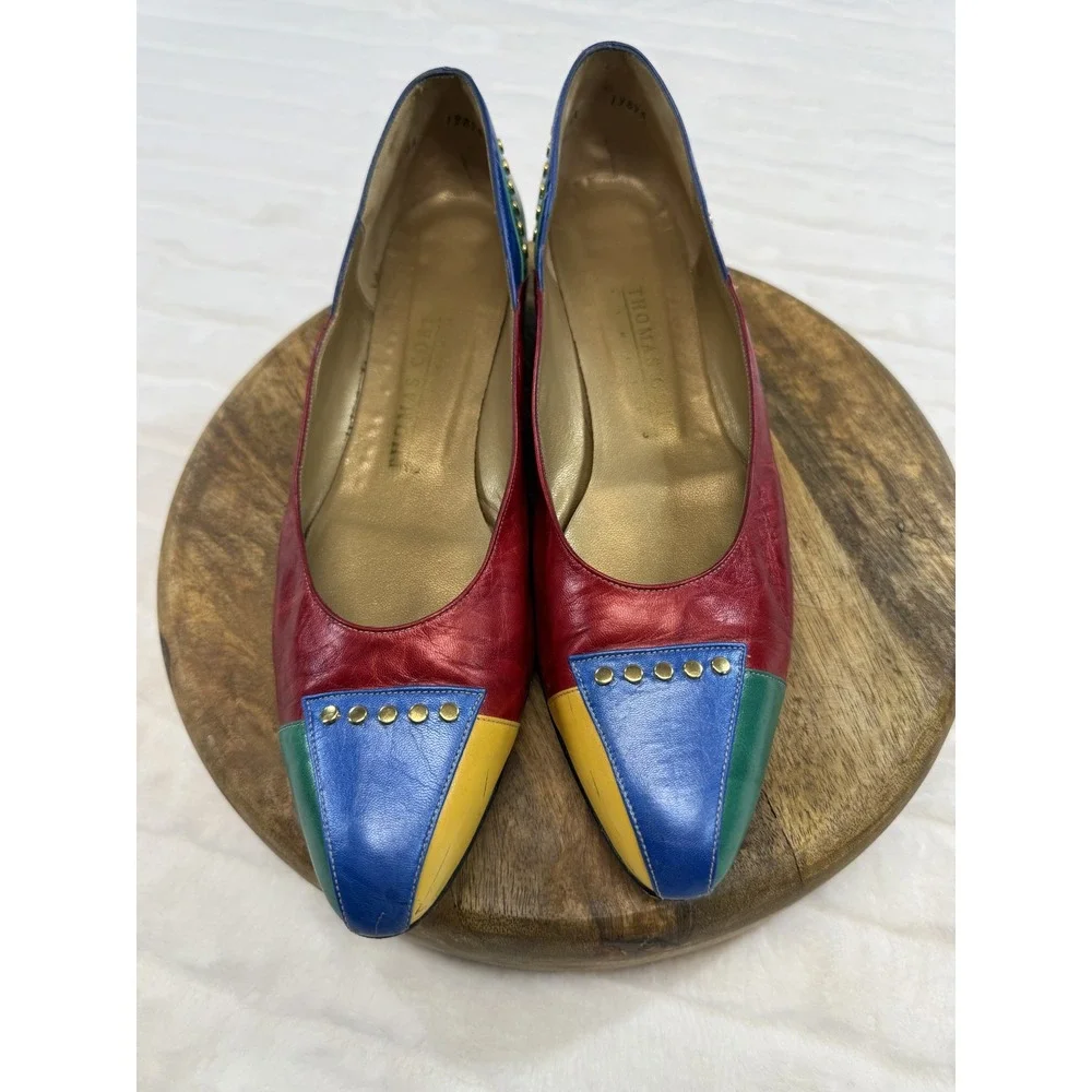Vintage Thomas Cort Shoes Womens Size 10 AA Multicolor Leather Studded Flats 80s